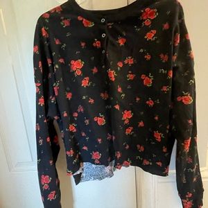 Women’s Long Sleeve Crop Top Plus Size Rose Pattern Top